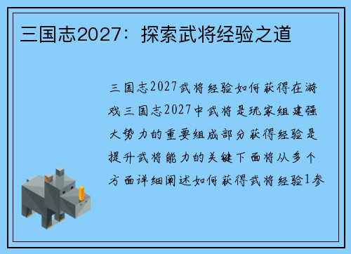 三国志2027：探索武将经验之道